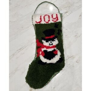 Vintage Latch Hook Rug Christmas Stocking Joy Snowman Approx 25x10‎ Red Green